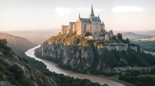 Medieval castle perched on hilltop overlooking river valley at golden hour - Powered by Adobe