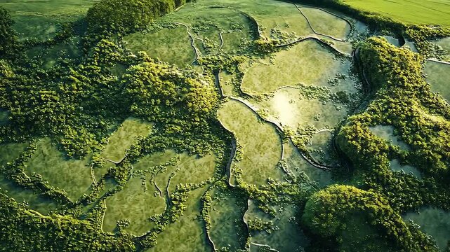 Aerial view of agricultural farmland with geometric crop patterns and seasonal textures

