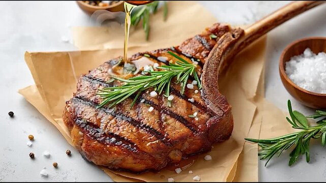 A grilled tomahawk steak garnished with rosemary and coarse salt, served on parchment paper with herbs and seasonings.