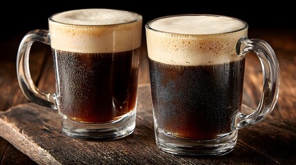 Naklejka premium Two frosty mugs of dark beer are sitting on a wooden surface, showing their thick, creamy foam topping.