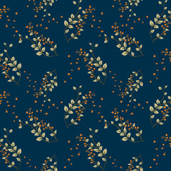 Seamless Floral Pattern with Hand-Drawn Leafy Branches and Orange Petals on Dark Blue Background – Elegant Botanical Design for Fabric, Wallpaper, and Nature-Inspired Decoration Projects