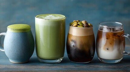 Assorted fancy coffee drinks are displayed in mugs and glasses on an aged blue wooden surface table.