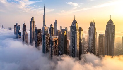 City skyline rising above clouds at sunrise
