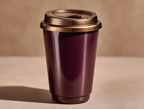 A shiny maroon reusable coffee cup with a golden lid sits on a beige surface in a soft light studio shot.