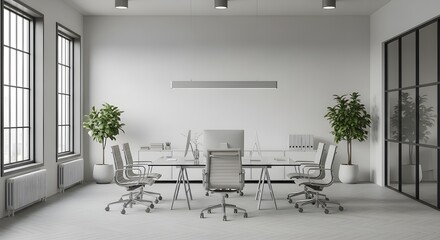 Modern office interior with desk, chairs and plants in pots