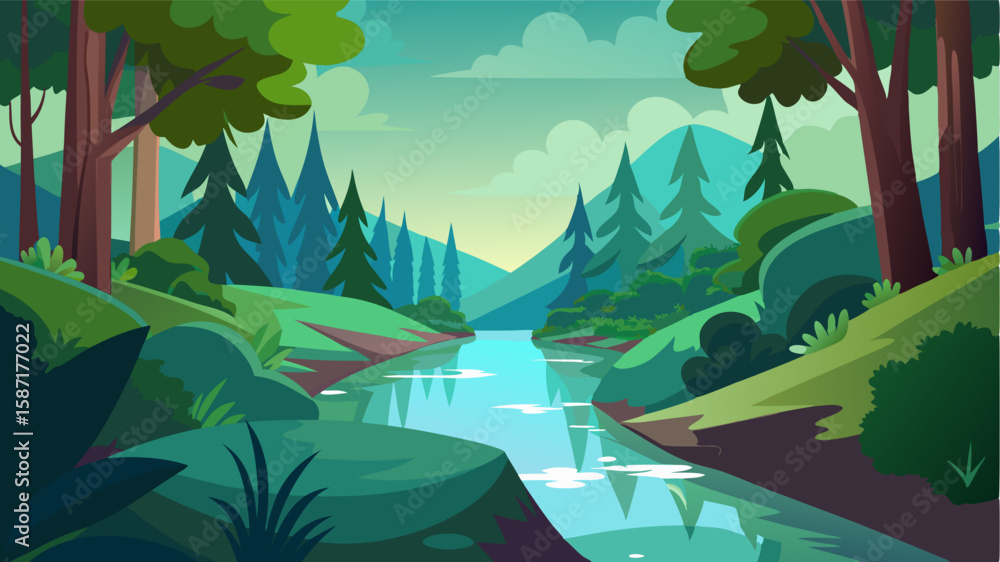 Poster the tranquil stream winds through a lush forest creating a mirrorlike reflection of the surrounding 