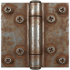 Fototapeta premium rusty door hinge with screws isolated, vintage metal hardware texture, corroded iron joint detail, weathered mechanical part, old rustic building element on transparent background (PNG)