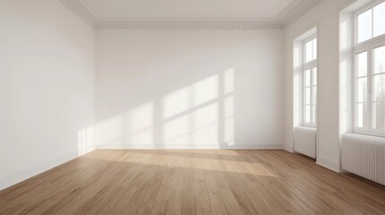 Mock-up of white empty room and wood laminate floor with sun light cast the shadow on the wall,Perspective of minimal inteior design on nature background. 3D rendering