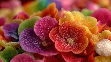 Close-up view of vibrant flower petals with dew drops.