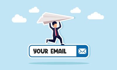 Businessman running to launch a paper plane from top of an email search bar, illustration of broadcasting business information through email