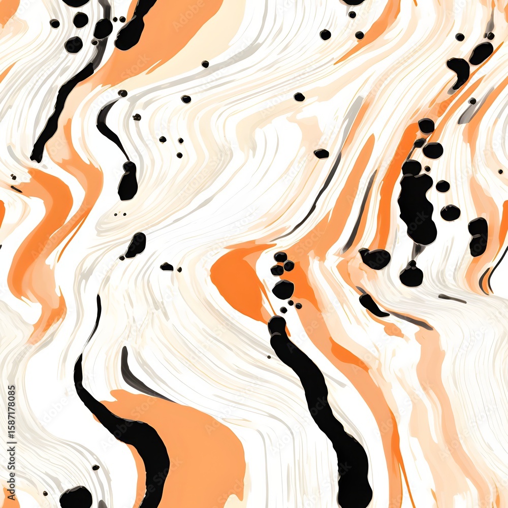 Aufkleber abstract fluid art pattern with orange and black paint splashes on white. marbleized texture for mod