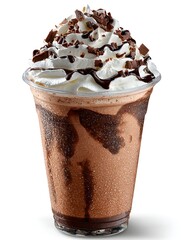 Decadent chocolate frappe topped with whipped cream and chocolate shavings sits isolated on a white background.