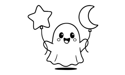 Cute ghosts wearing witch hats outline doodle cartoon illustration. Halloween coloring book for kids