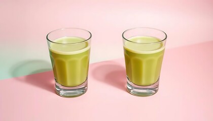 Matcha latte drinks healthy beverage green tea drinks in glasses on pink background
