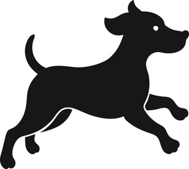 Solid silhouette of a playful puppy jumping, on white background.