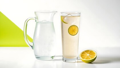 Refreshing lemonade drink with lemon slices in glass and pitcher on white table