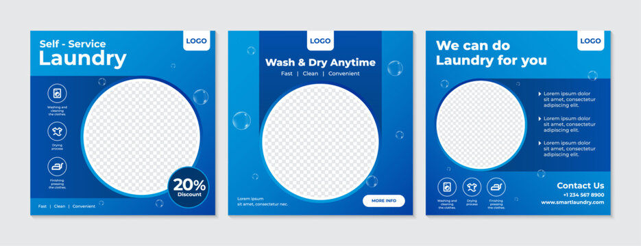 Modern Laundry Business Promotion Social Media Template. High quality vector design for self service and full service laundry options. 