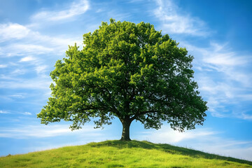 a lone tree on a grassy hill with a blue sky in the background