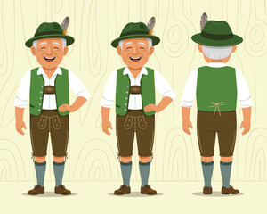 Cheerful Elderly Bavarian Man in Traditional Dirndl Outfit, Three Views vector illustration