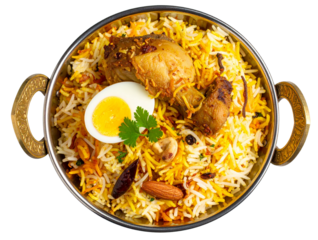  Top View of Hyderabadi Biryani in Ornate Brass Bowl with Boiled Egg and Saffron Rice – Transparent PNG