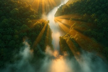 Stunning views, lush green tropical forests, rivers, golden hour lighting, sunlight breaking through the fog, cinematic look, intense dramatic lighting.