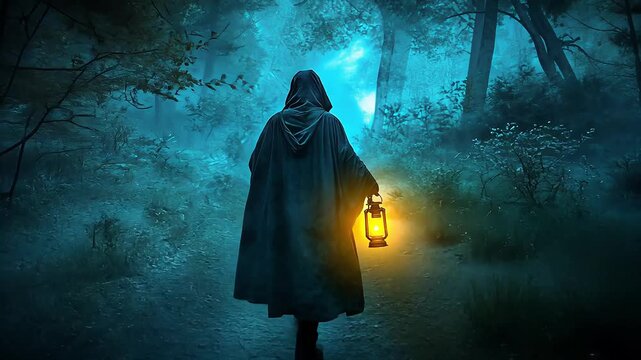 Mysterious wizard holding glowing lantern walking through dark misty forest at night in fantasy setting
