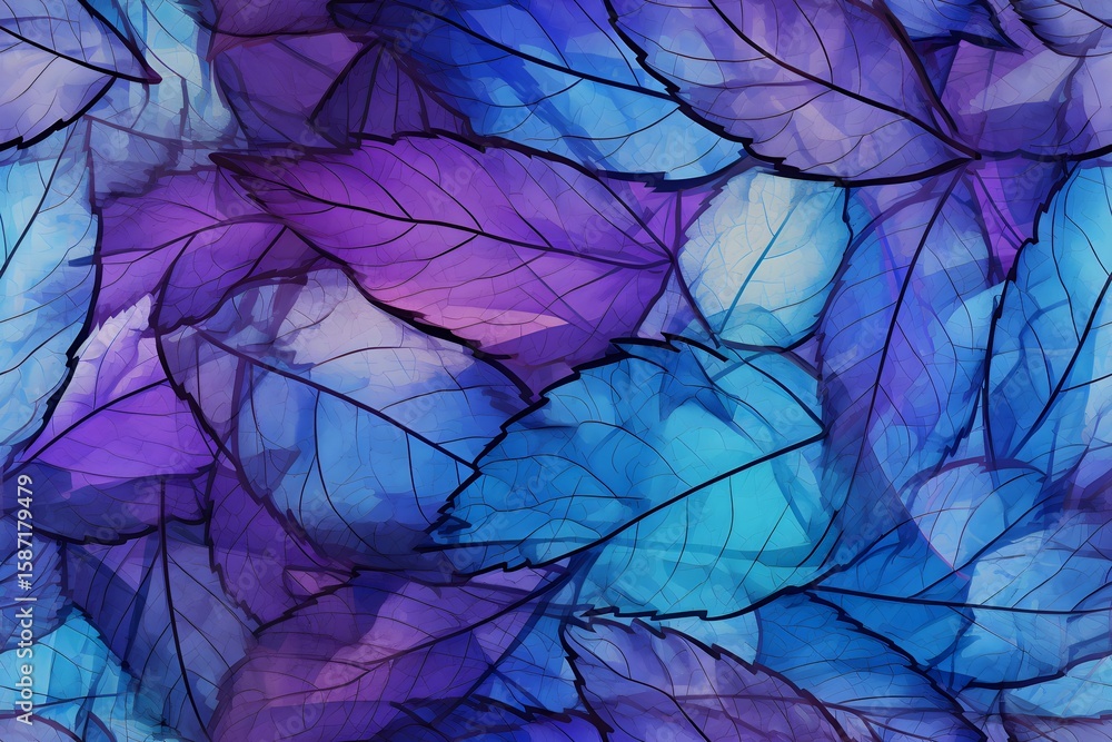 Poster blue and purple translucent leaves in a seamless pattern. abstract botanical background for nature d