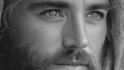 Obraz premium A detailed grayscale portrait of a man with blue eyes