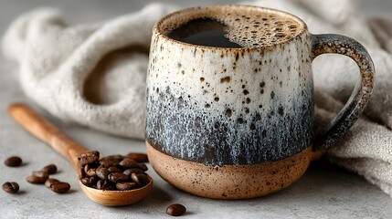 A ceramic mug filled with hot black coffee sits beside coffee beans on a wooden spoon on a gray surface.