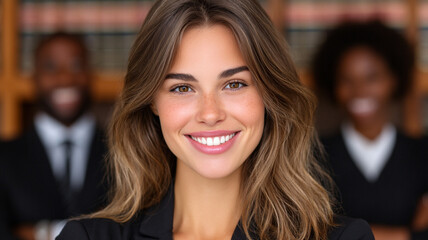A smiling professional woman with colleagues in the background
