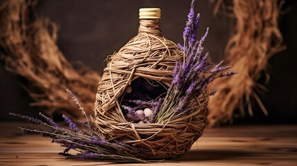 Woven Bottle with Lavender and Pebble Accents on Wood