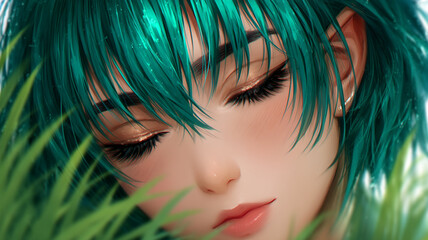 A young woman with vibrant green hair peeks through lush grass