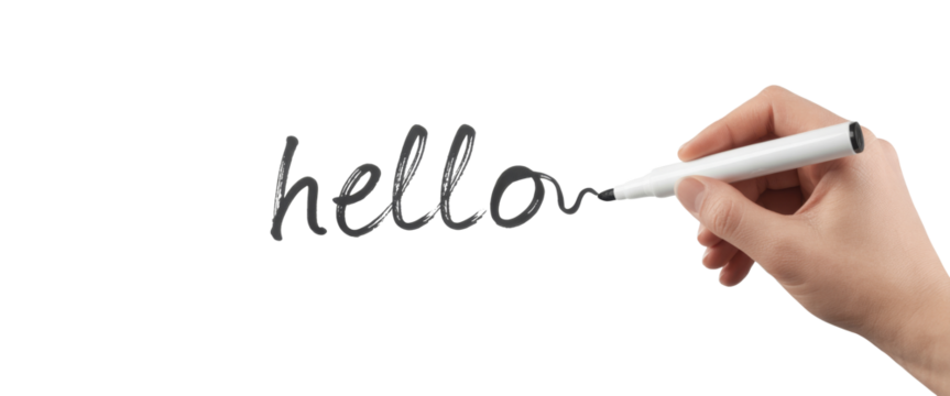 hand writing hello with marker on white background