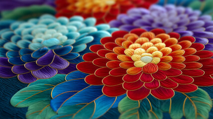 Vibrant embroidered flowers with intricate petals and detailed craftsmanship