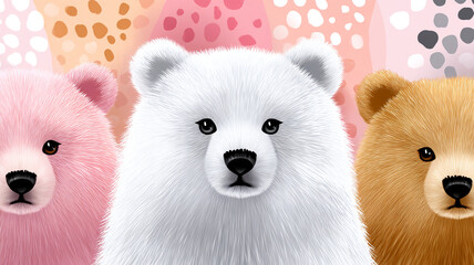 Three cute fluffy bears in pink, white, and brown