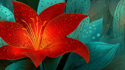 A vibrant red lily flower with intricate details and teal foliage