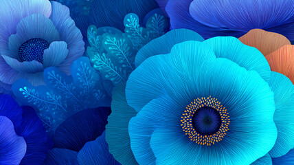 A collection of beautiful blue and teal flowers with textured petals
