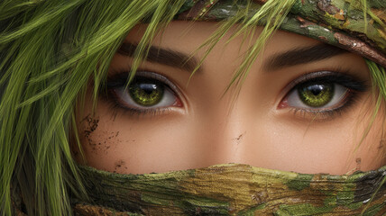 A womans intense green eyes peer through a camouflage and foliage