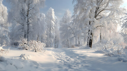 Obraz premium Serene Winter Wonderland: A Tranquil Snow-Covered Landscape Under a Clear Blue Sky