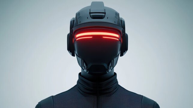 Futuristic robot with sleek black helmet and glowing red visor stands against soft gray background, evoking high tech vibe - Powered by Adobe