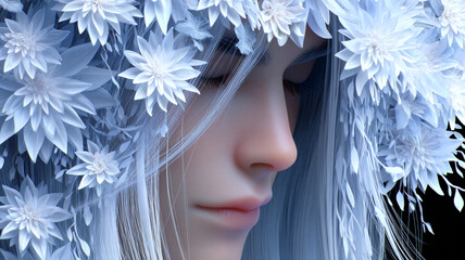 Serene portrait of a woman with white flowers in her hair