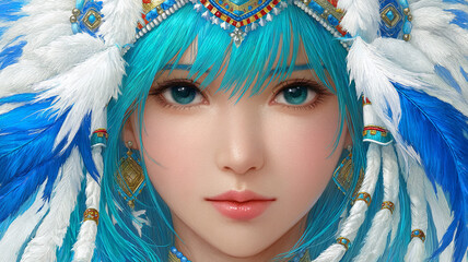 A striking portrait of a woman with a blue feathered headdress
