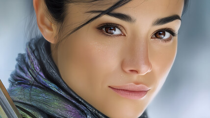 A beautiful woman with intense eyes and shimmering fabric