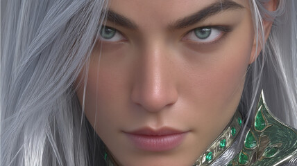 Elegant fantasy warrior with silver hair and green gems