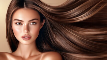Naklejka premium Gorgeous model with sleek long shiny brunette hair Keratin treatment care and spa for a sleek style 