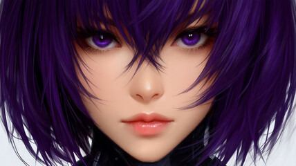 Anime woman with purple hair and striking purple eyes