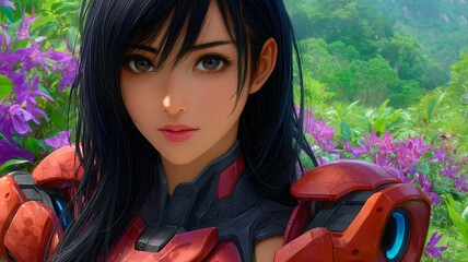 A beautiful anime woman with black hair and armor