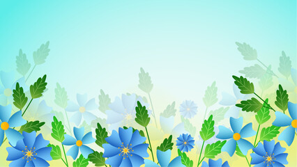 Blue flowers with green leaves bloom on a pale background. Perfect for greeting cards, springtime designs, nature themed projects, and botanical illustrations.