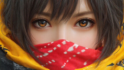 Womans eyes peeking through a colorful scarf