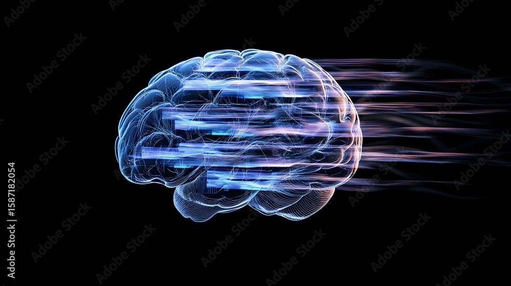 Poster digital representation of a human brain with data streams.